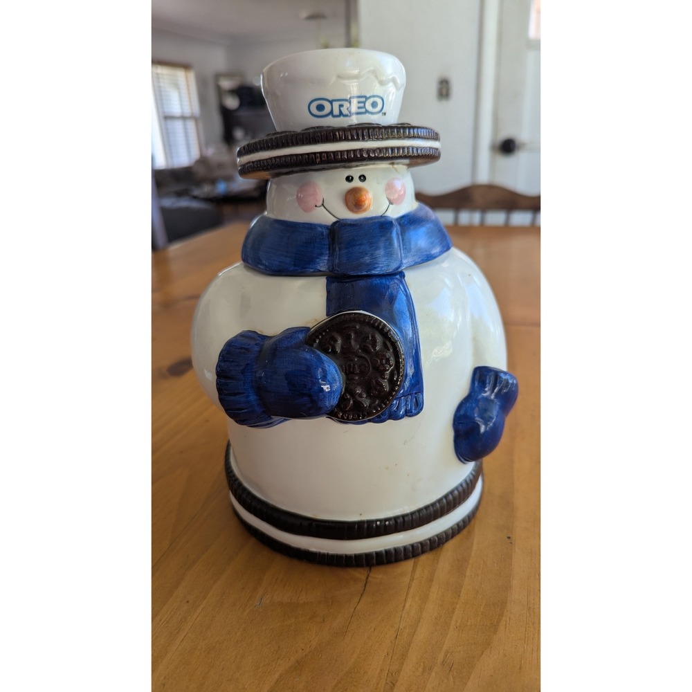 Oreo Snowman Cookie Jar Houston Harvest Blue Scarf Ceramic 2001 Vintage